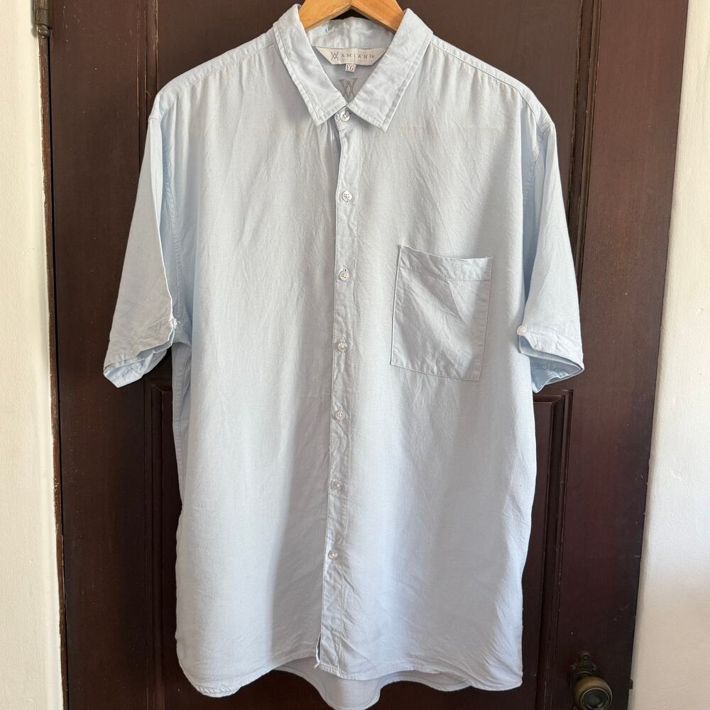 AMIANI Light Blue Linen Modal Blend Short Sleeve Button Down Shirt Extra Large